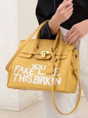 You Fake Like This Birkin Tan Statement Graphic Satchel Handbag NWT